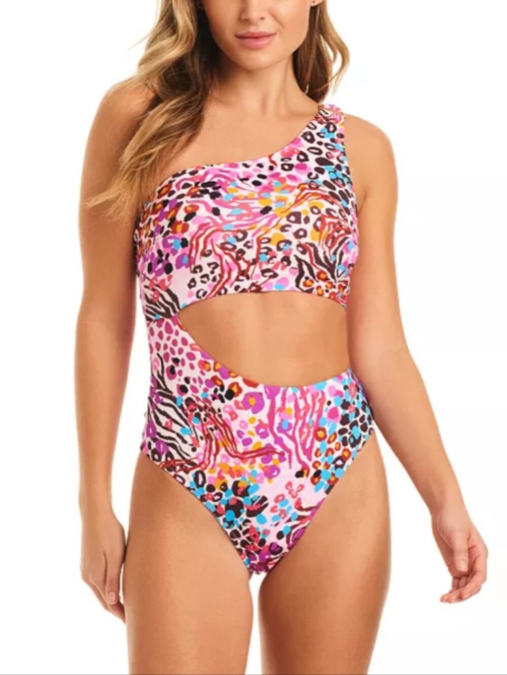 Jessica Simpson Pink Animal Print One-Shoulder Swimsuit